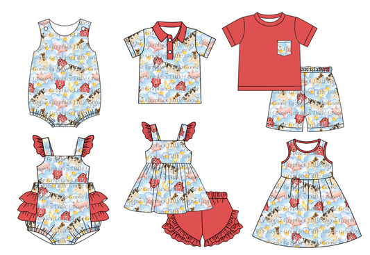 11.13 custom each style moq 5eta 4-6week Sibling Sister farm baby girl short sleeve shorts sets and sets 2 and girls romper and boy romper and dress and top match design