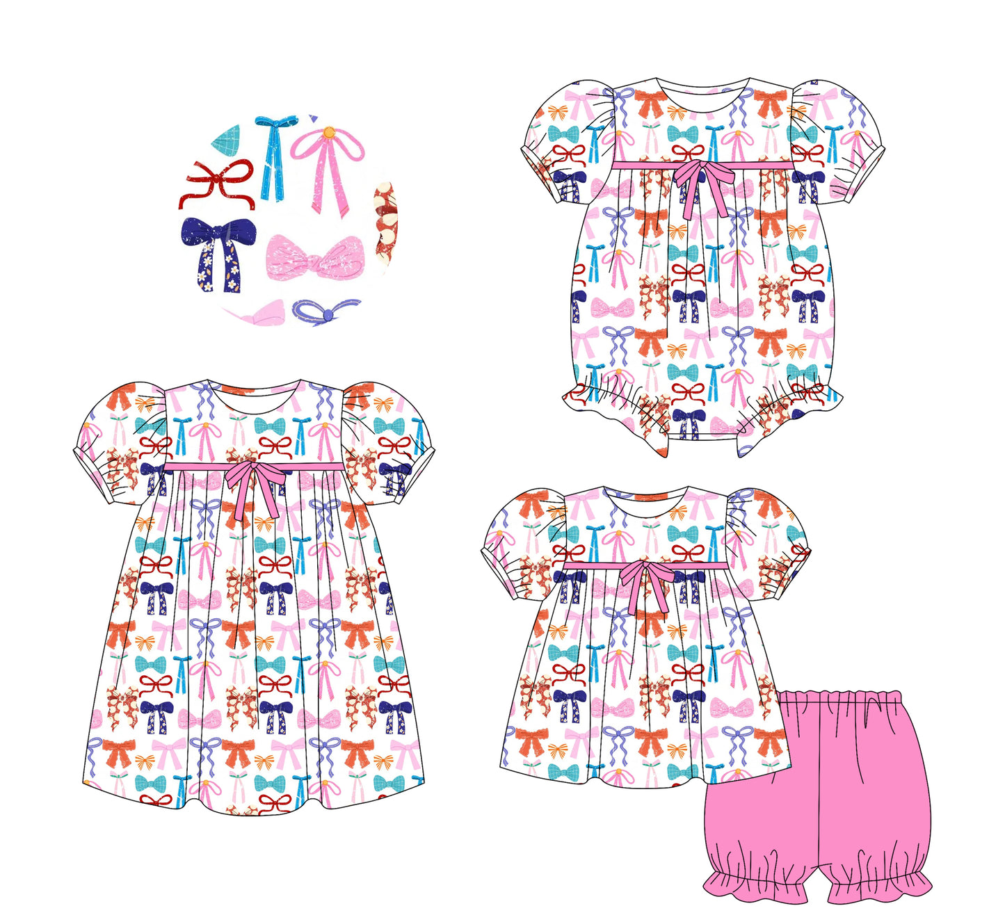 25.5.24 custom each style moq 5eta 4-6week Sibling Sisters bow baby girl short sleeve shorts sets and dress and rompers match family design