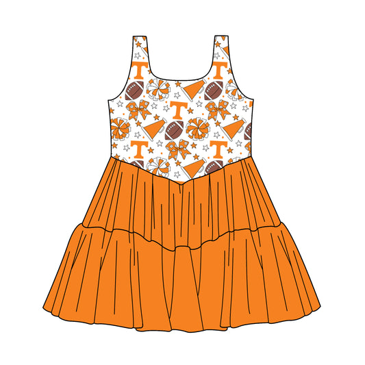 Custom moq 5 mix size milk silk summer teams Baby Girls Orange Stars Bows Sleeveless Knee-Length Dress Cute Clothing for Little Girls