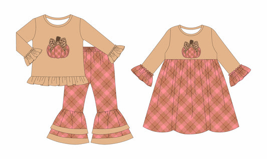 25.7.23 custom each style moq 5eta 4-6week Sibling Sisters pumpkin bow baby girl long sleeve pants sets and dress match family design