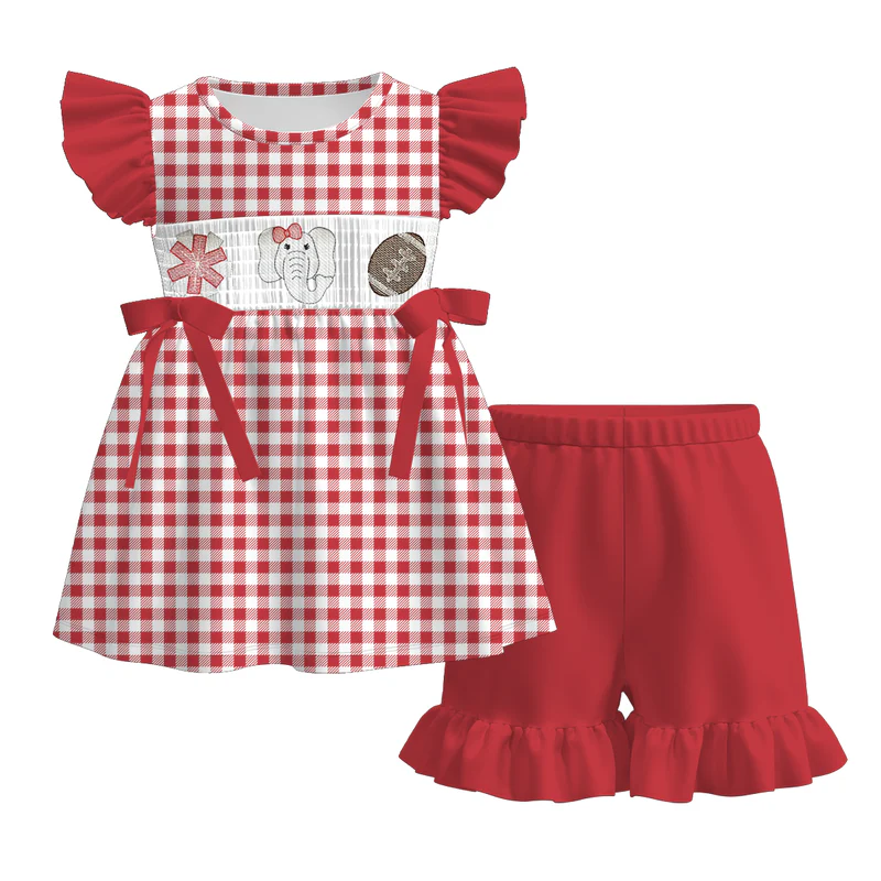 Custom summer teams baby girls clothes team brick red short sleeve shorts sets dress romper-25.7.15