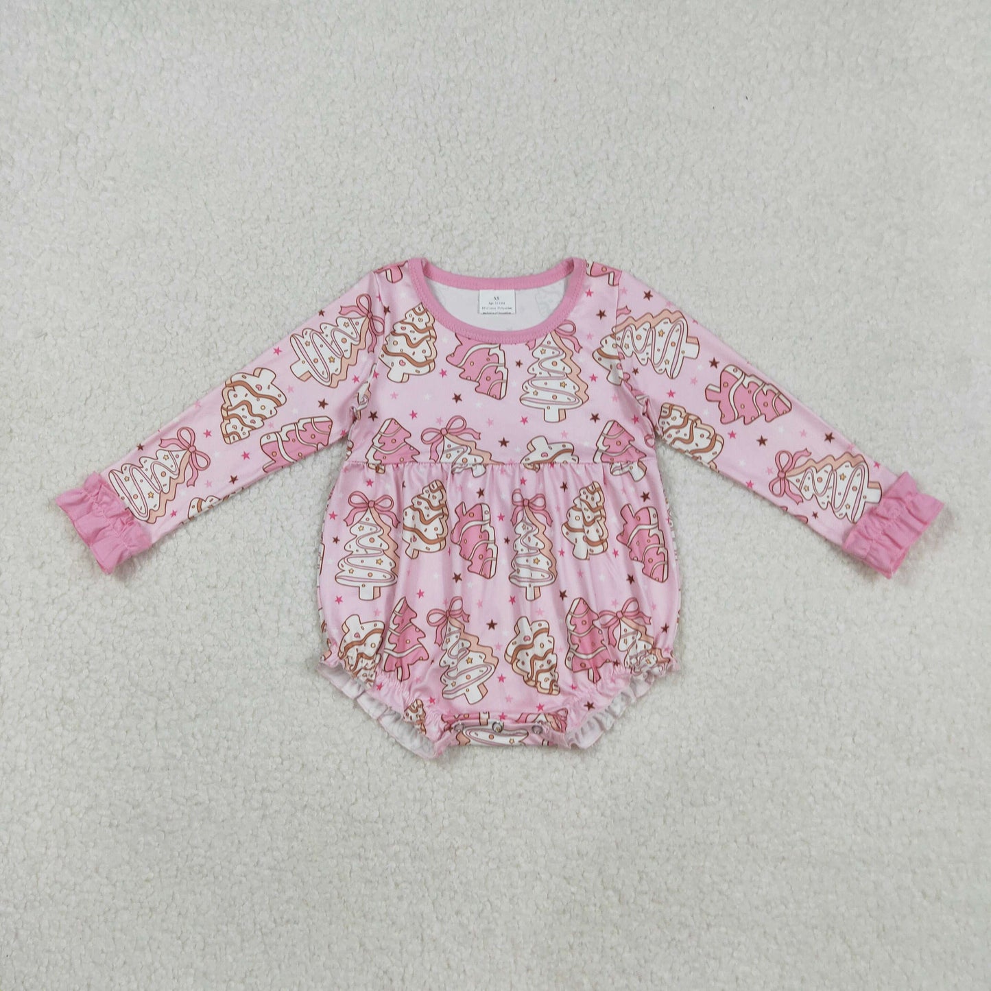 RTS NO MOQ（In Stock) LR2301 Christmas tree cookie bow pattern pink long-sleeved bodysuit