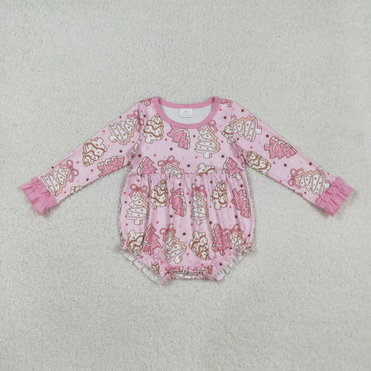 RTS NO MOQ（In Stock) LR2301 Christmas tree cookie bow pattern pink long-sleeved bodysuit