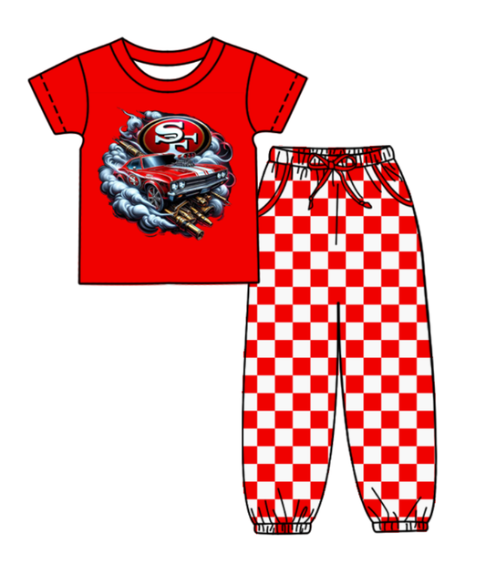 Custom moq 8 mix size milk silk summer teams baby boy clothes red plaid short sleeve pants sets-25.9.29