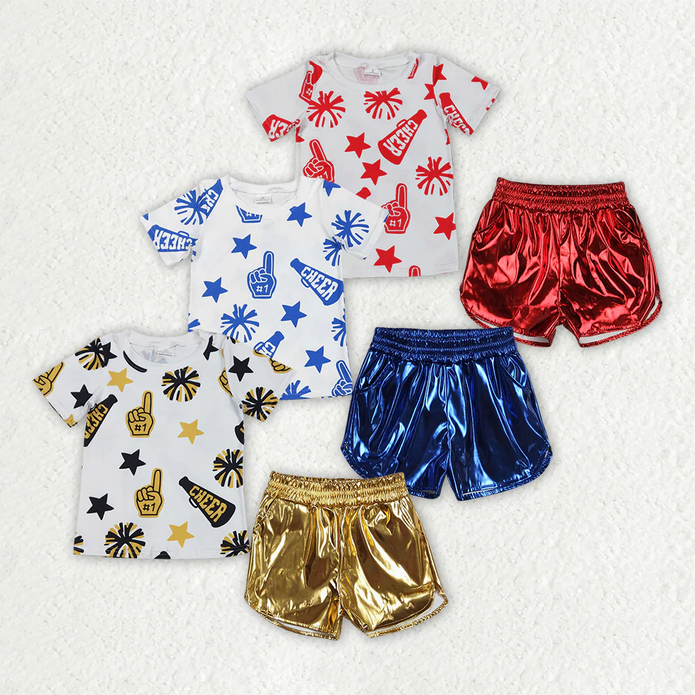 RTS NO MOQ Girls Boys cheers short sleeve Clothes Sets