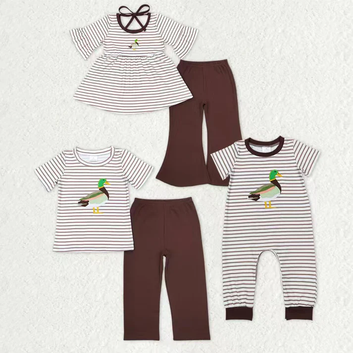 RTS NOQ Sibling baby girl Boys clothes embroidery duck short-sleeved shirt pants clothing set and romper