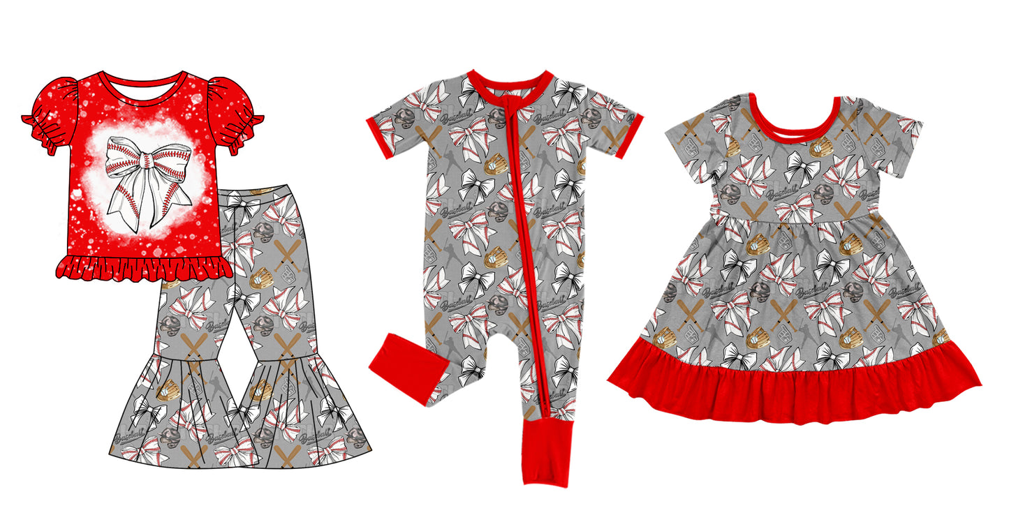 12.7 custom each style moq 5eta 4-6week Sibling Sister baseball bow baby girl sets and dress and rompers match family design