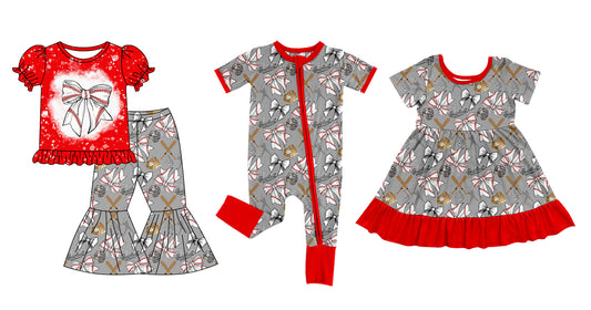 12.7 custom each style moq 5eta 4-6week Sibling Sister baseball bow baby girl sets and dress and rompers match family design