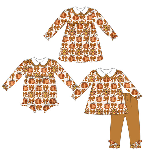 25.5.16 custom each style moq 5eta 4-6week Sibling Sisters pumpkin turkey bow baby girl long sleeve pants sets and dress and rompers match family design