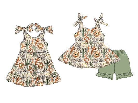 4.8 custom each style moq 5eta 4-6week Sibling Sister catcus baby girl short sleeve shorts sets and dresses match design