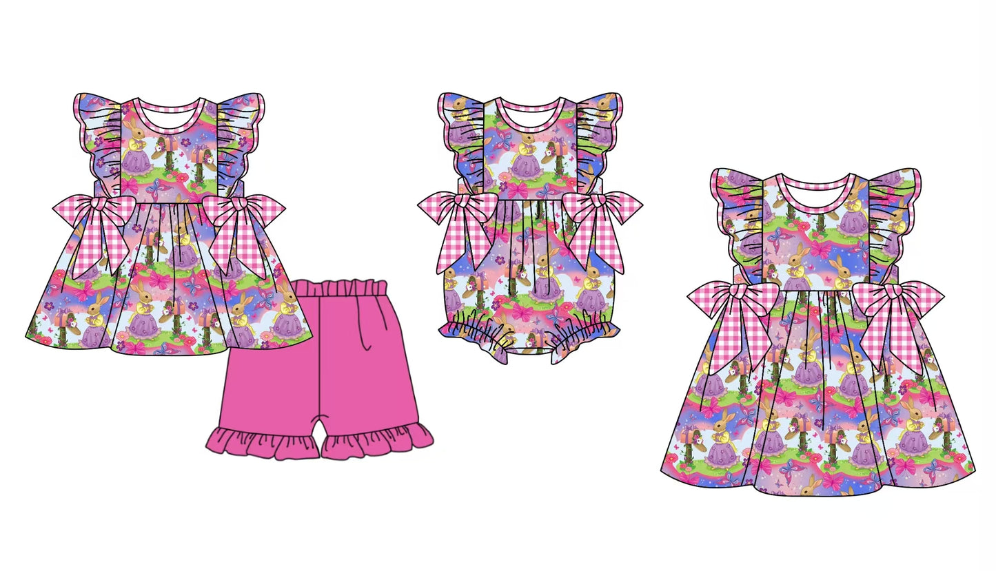12.5 custom each style moq 5eta 4-6week Sibling Sister easter floral baby girl short sleeve shorts sets and dress and rompers match family design