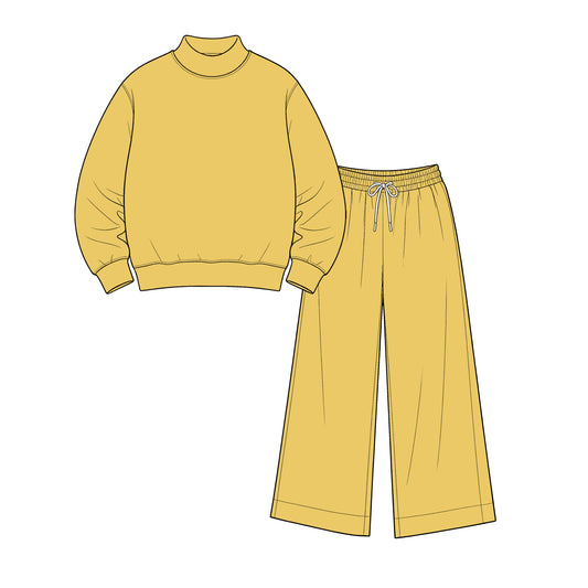 custom moq 5 mix size Baby Kids Mustard Yellow Long Sleeve Pullover Sweatshirt Matching Loose Wide Leg Track Pants Cozy Daily Wear Set
