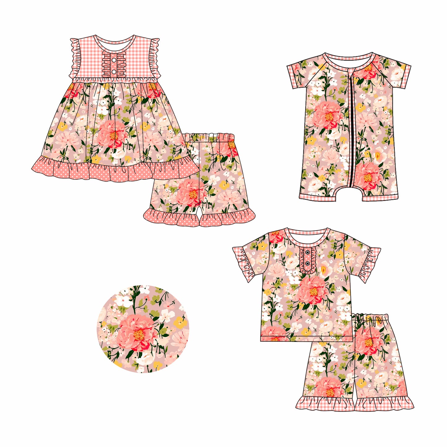 2.26 custom each style moq 5eta 4-6week Sibling Sister floral baby girl short sleeve shorts sets and sets 2 and boy romper match design