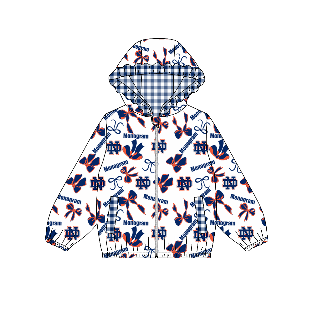 custom moq 5 mix size MSD071110 Baby Girls Team Bow Print Long Sleeve Zipper Hooded Jacket Tops