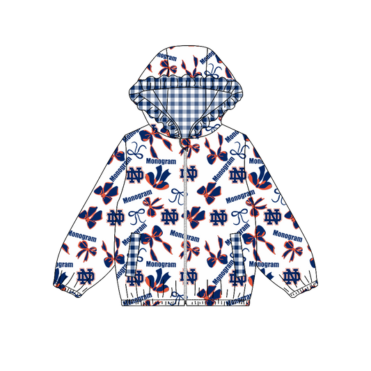 custom moq 5 mix size MSD071110 Baby Girls Team Bow Print Long Sleeve Zipper Hooded Jacket Tops
