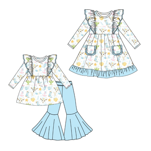 25.5.14 custom each style moq 5eta 4-6week Sibling Sisters cow head boots baby girl long sleeve pants sets and dress match family design