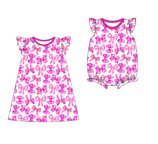 3.10 custom each style moq 5eta 4-6week Sibling Sister bow baby girl short sleeve dress and rompers match family design