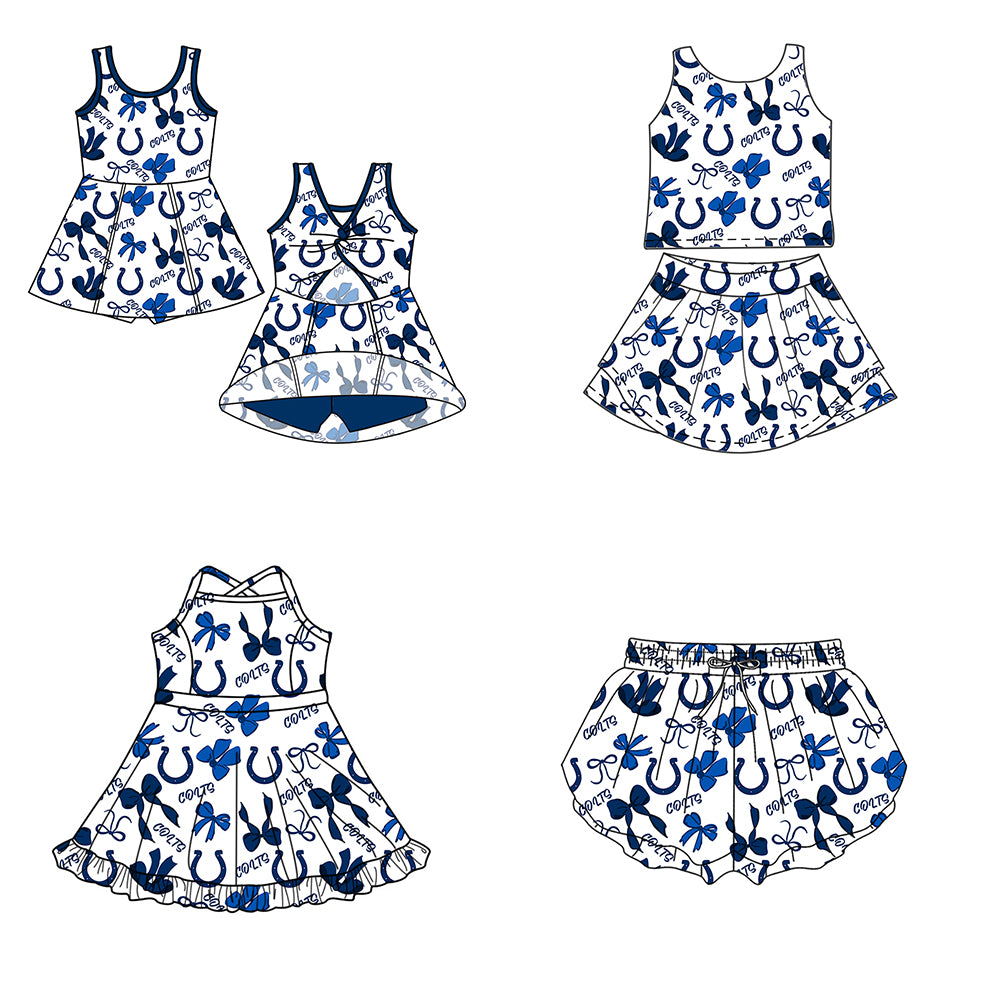 Custom moq 5 mix size milk silk summer teams Baby Girls Blue Bow Vest Top Skirt Shorts Sets Sleeveless Knee Length Dresses Yoga Shorts Active Outfit