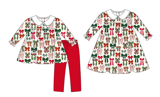 25.7.25 custom each style moq 5eta 4-6week Sibling Sisters Christmas bow baby girl long sleeve pants sets and dress match family design