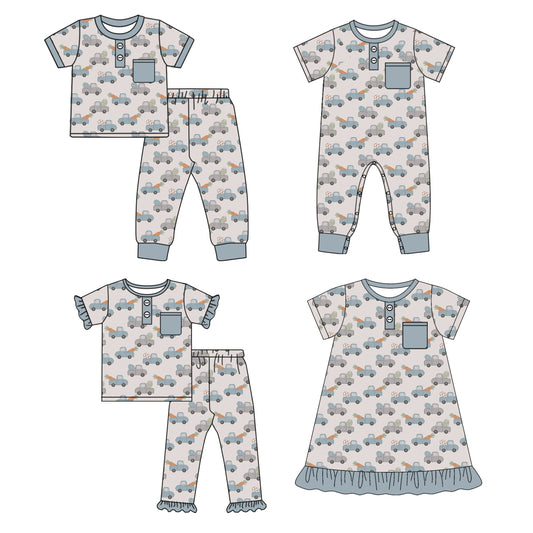 25.9.25 custom each style moq 8 eta 6-8week Sibling Sister easter baby short sleeve pants sets 2 and romper and dress match design