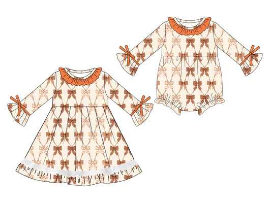 25.5.12 custom each style moq 5eta 4-6week Sibling Sisters bow baby girl long sleeve dress and rompers match family design