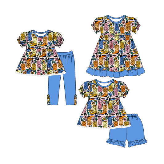 4.4 custom each style moq 5eta 4-6week Sibling Sisters boots baby girl short sleeve pants sets and shorts sets and dress match family design