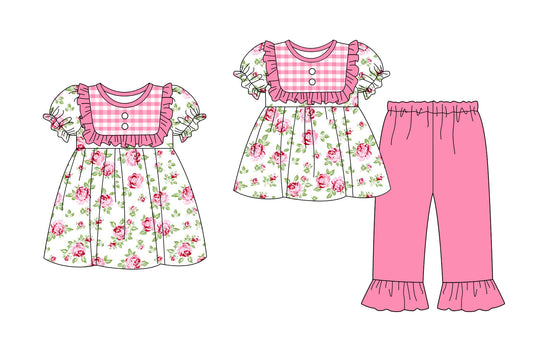25.9.16 custom each style moq 5eta 6-8week Sibling Sisters flroal pink baby girl short sleeve pants sets and dress match family design