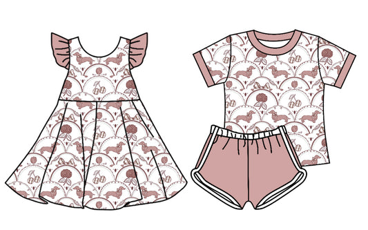 4.18 custom each style moq 5eta 4-6week Sibling Sister puppy baby girl short sleeve shorts sets and dresses match design