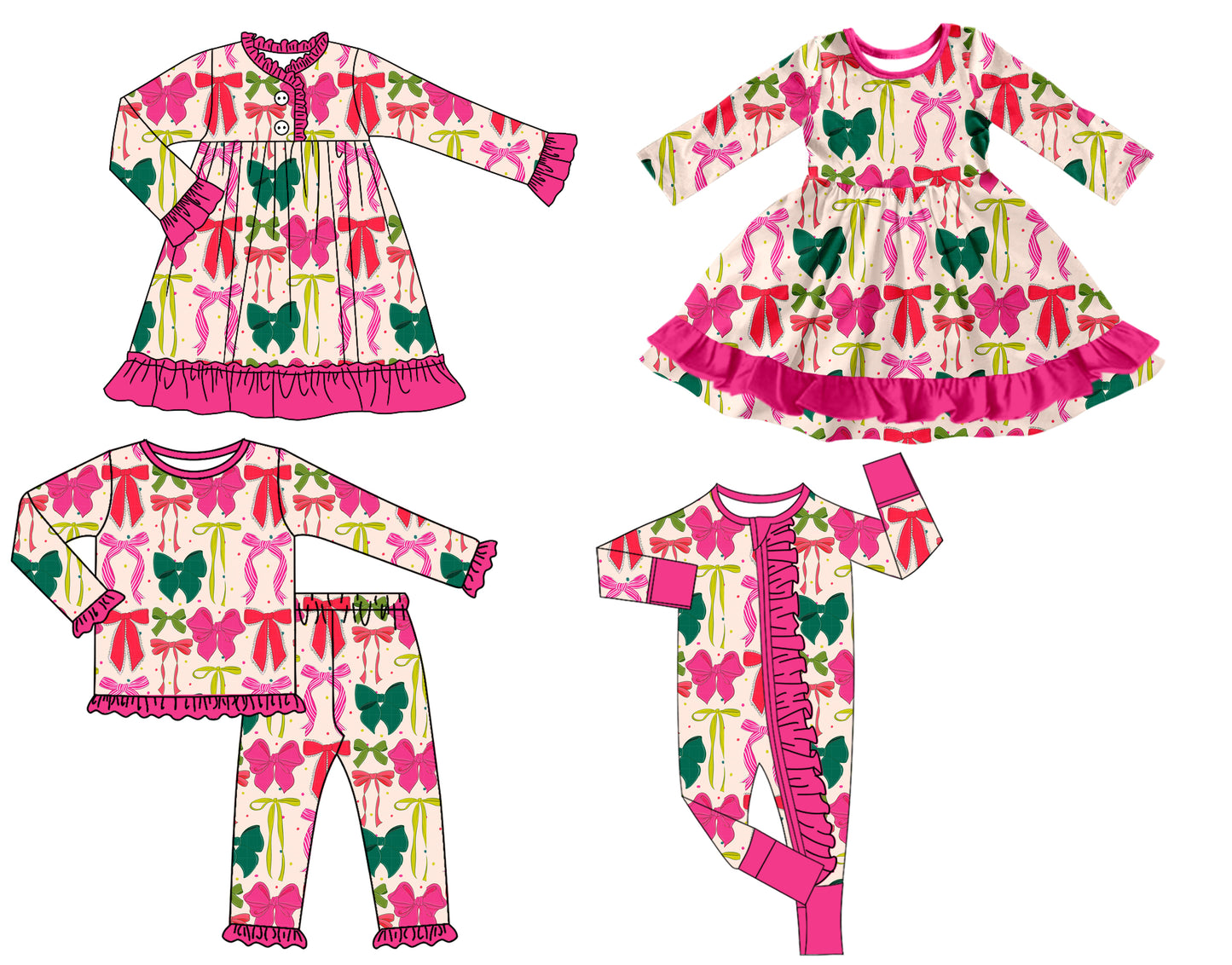 25.8.5 custom each style moq 5 eta 4-6week Sibling Sisters bow baby girl long sleeve pants sets and romper and dress 1 and dress 2 match family design