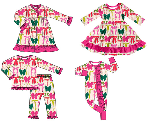 25.8.5 custom each style moq 5 eta 4-6week Sibling Sisters bow baby girl long sleeve pants sets and romper and dress 1 and dress 2 match family design