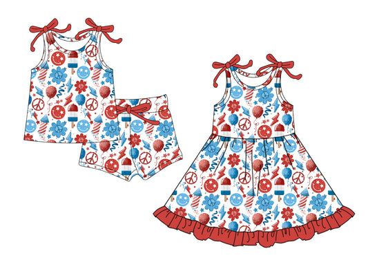 4.16 custom each style moq 5eta 4-6week Sibling Sister smiley baby girl short sleeve shorts sets and dresses match design