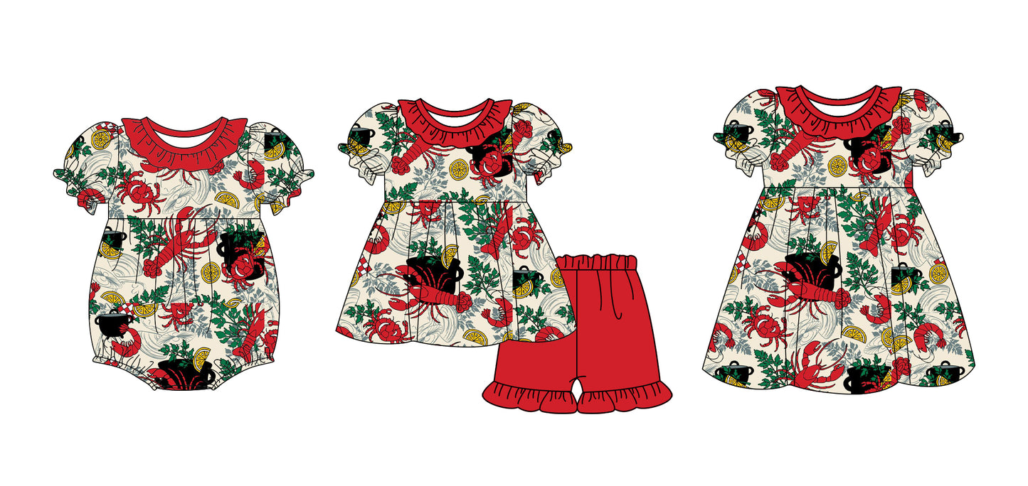 12.14 custom each style moq 5eta 4-6week Sibling Sister lobster baby girl short sleeve shorts sets and dress and rompers match family design