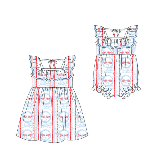 2.28 custom each style moq 5eta 4-6week Sibling Sister bow flag baby girl short sleeve dress and rompers match family design