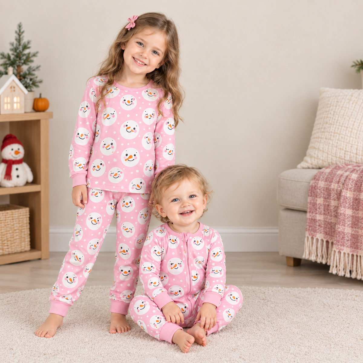 RTS NO MOQ Sibling milk silk Baby Girls Pink Snowman Print Long Sleeve Pajama Set Zipper Romper Blanket