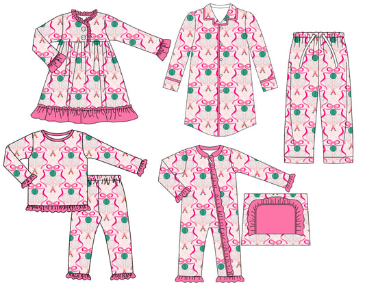 25.6.24 custom each style moq 5eta 4-6week Sibling Sisters Christmas bow pink baby girl long sleeve pants sets and adult top and adult pants and romper and dress match family design