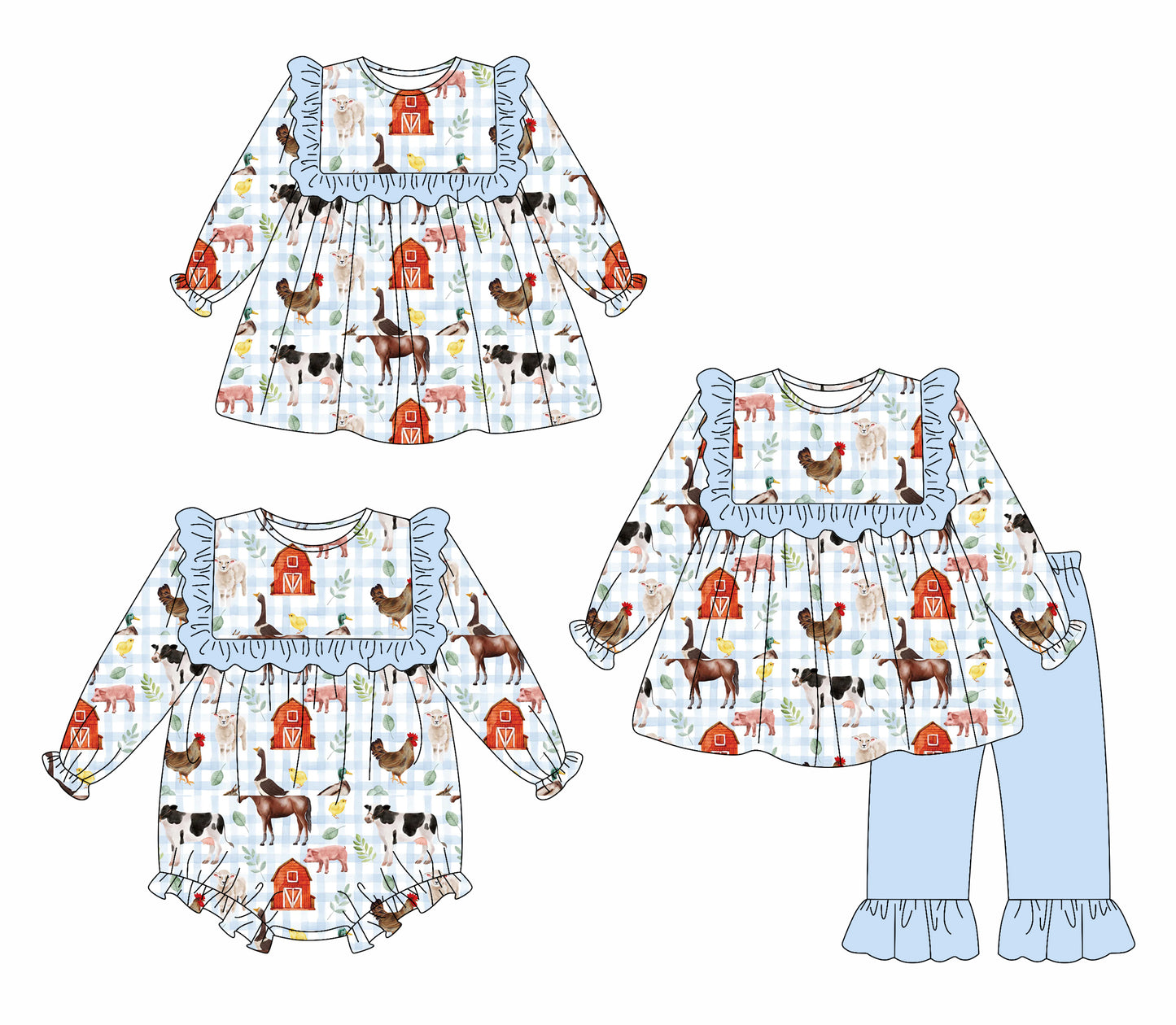 25.6.23 custom each style moq 5eta 4-6week Sibling Sisters animal farm baby girl long sleeve pants sets and dress and rompers match family design