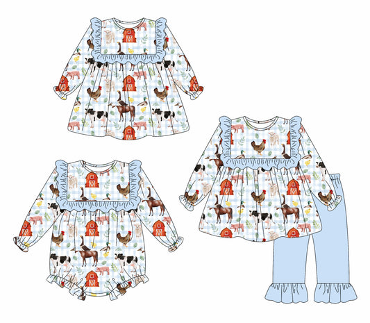 25.6.23 custom each style moq 5eta 4-6week Sibling Sisters animal farm baby girl long sleeve pants sets and dress and rompers match family design