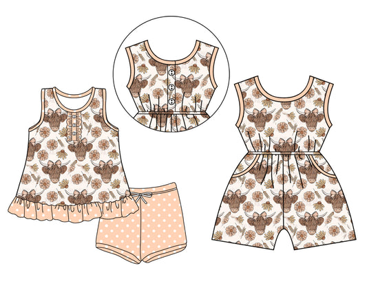 3.24 custom each style moq 5eta 4-6week Sibling Sister alpine head bow baby girl short sleeve shorts sets and jumpsuit match design