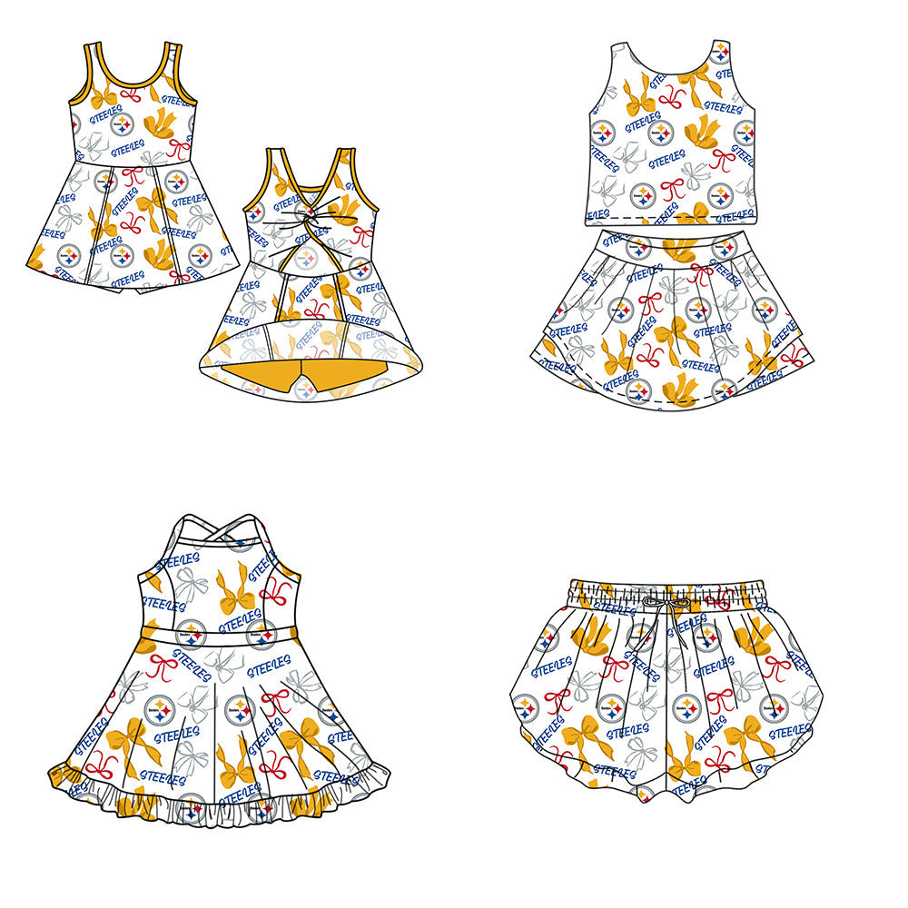 Custom moq 5 mix size milk silk summer teams Baby Girls Yellow Bow Vest Top Skirt Shorts Sets Sleeveless Knee Length Dresses Yoga Shorts Yoga Active Outfit