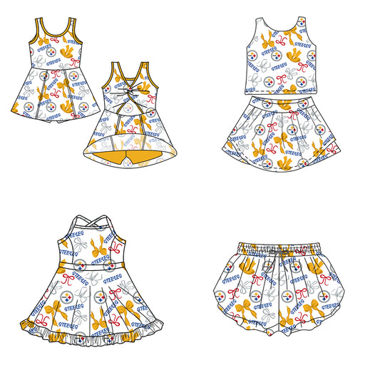 Custom moq 5 mix size milk silk summer teams Baby Girls Yellow Bow Vest Top Skirt Shorts Sets Sleeveless Knee Length Dresses Yoga Shorts Yoga Active Outfit