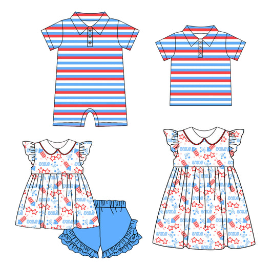 3.28 custom each style moq 5eta 4-6week Sibling Sister striped baby girls sets and dress and boy rompers and top match family design