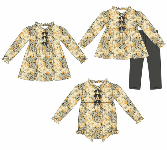 25.7.21 custom each style moq 5eta 4-6week Sibling Sisters pumpkin baby girl long sleeve pants sets and dress and rompers match family design