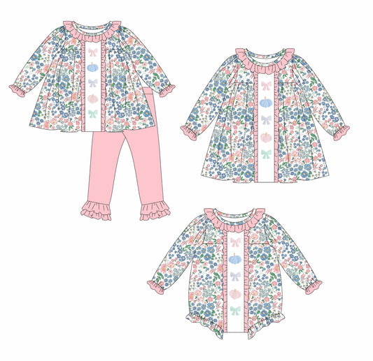 25.5.24 custom each style moq 5eta 4-6week Sibling Sisters pumpkin bow floral baby girl long sleeve pants sets and dress and rompers match family design