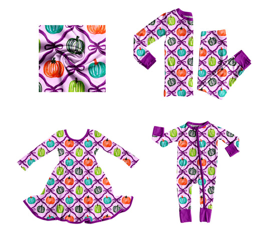 25.8.6 custom each style moq 5eta 4-6week Sibling Sisters pumpkin bow baby girl long sleeve pants sets and dress and rompers match family design