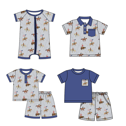 4.7 custom each style moq 5eta 4-6week Sibling Sister riding horse baby boy sets 1 and sets 2 and boy rompers and top match family design
