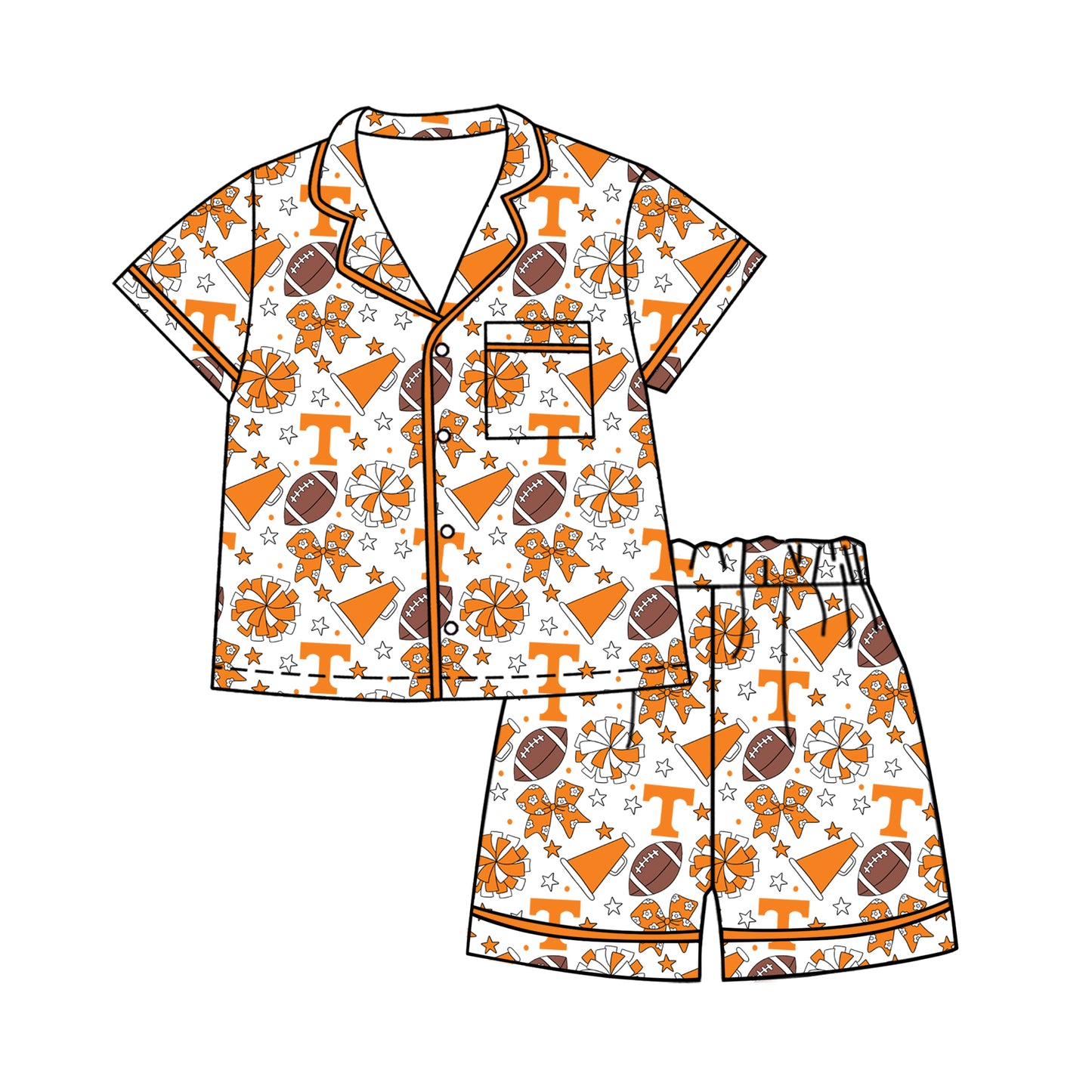Custom moq 5 mix size milk silk summer teams Baby Girls Orange Stars Bows Button Pocket Top Short Pajamas Sets Cute Infant Sleepwear