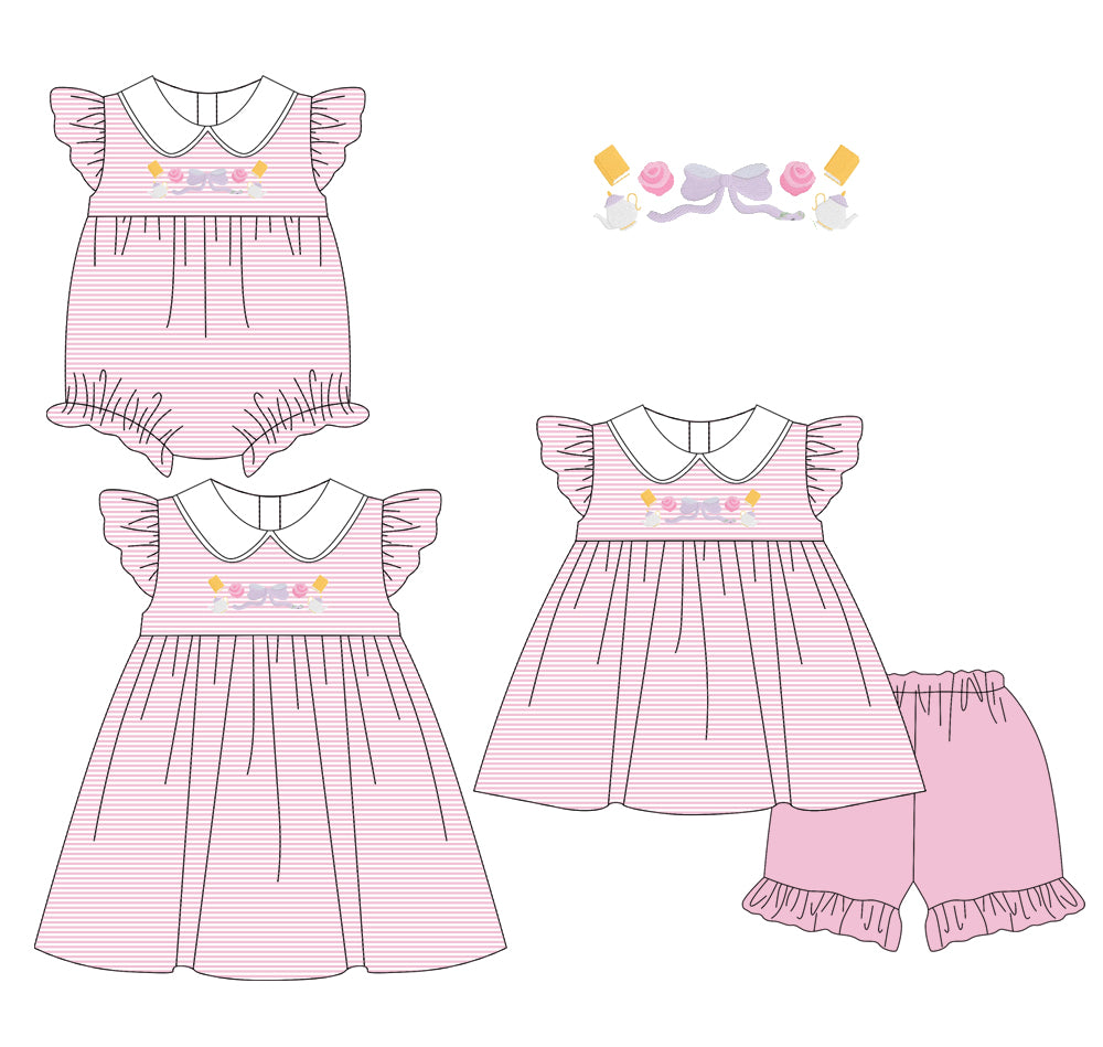 1.16 custom each style moq 5eta 4-6week Sibling Sisters bow baby girl short sleeve shorts sets and dress and rompers match family design