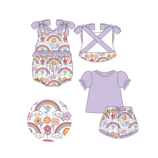 4.14 custom each style moq 5eta 4-6week Sibling Sisters rainbow baby girl short sleeve shorts sets and rompers match family design