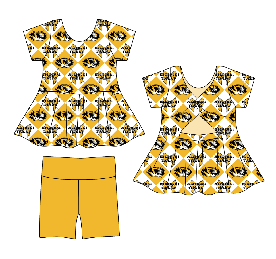 Custom moq 5 mix size yellow Plaid Baby Girl's Short-Sleeved Shirt And Shorts Team Outfit Children's Clothing Set for Girls