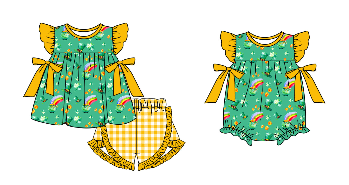 11.13 custom each style moq 5eta 4-6week Sibling Sister boot rainbow green baby girl short sleeve shorts sets and rompers match design